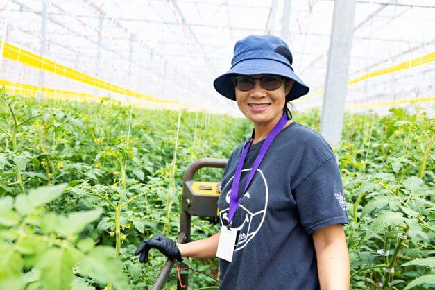 female migrant worker smiles in greenhouse